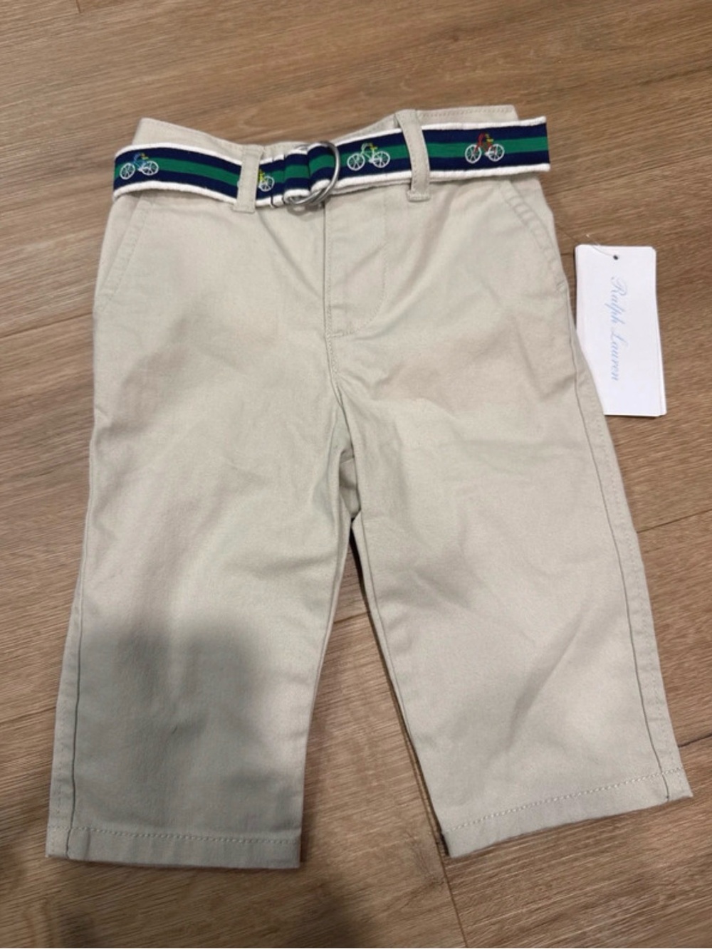Ralph Lauren Cream Khaki Kids Chinos with Navy & Green Accent Belt